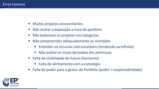 Erros Comuns
 Muitos projetos concomitantes
 Não avaliar a exposição a risco do portfolio
 Não balancear os projetos nas categorias
 Não compreender adequadamente as restrições
 Entender os recursos com escaláveis (tendendo ao infinito)
 Não avaliar os riscos derivados das premissas
 Falta de visibilidade de futuro (horizonte)
 Falta de alinhamento com a estratégia
 Falta de poder para o gestor do Portfolio (poder > responsabilidade)
 
