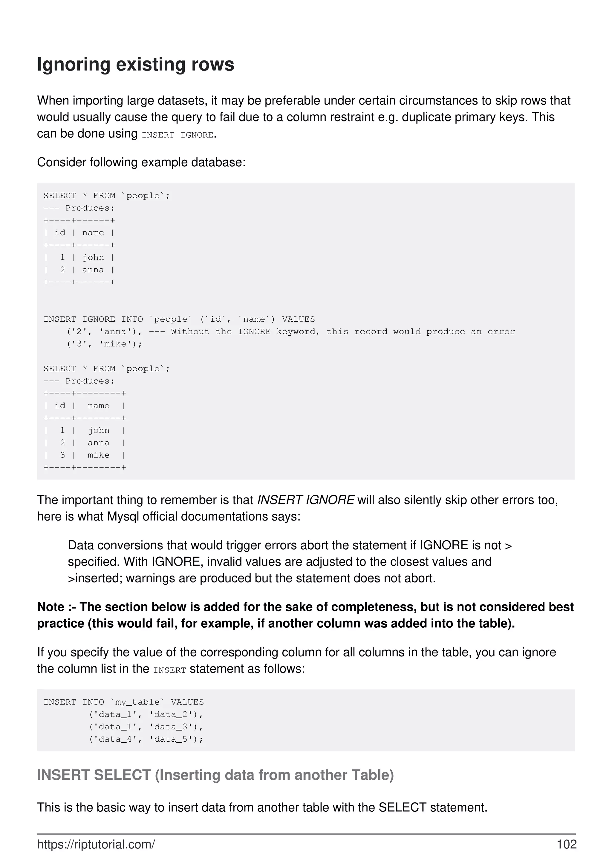 Ignoring existing rows
When importing large datasets, it may be preferable under certain circumstances to skip rows that
would usually cause the query to fail due to a column restraint e.g. duplicate primary keys. This
can be done using INSERT IGNORE.
Consider following example database:
SELECT * FROM `people`;
--- Produces:
+----+------+
| id | name |
+----+------+
| 1 | john |
| 2 | anna |
+----+------+
INSERT IGNORE INTO `people` (`id`, `name`) VALUES
('2', 'anna'), --- Without the IGNORE keyword, this record would produce an error
('3', 'mike');
SELECT * FROM `people`;
--- Produces:
+----+--------+
| id | name |
+----+--------+
| 1 | john |
| 2 | anna |
| 3 | mike |
+----+--------+
The important thing to remember is that INSERT IGNORE will also silently skip other errors too,
here is what Mysql official documentations says:
Data conversions that would trigger errors abort the statement if IGNORE is not >
specified. With IGNORE, invalid values are adjusted to the closest values and
>inserted; warnings are produced but the statement does not abort.
Note :- The section below is added for the sake of completeness, but is not considered best
practice (this would fail, for example, if another column was added into the table).
If you specify the value of the corresponding column for all columns in the table, you can ignore
the column list in the INSERT statement as follows:
INSERT INTO `my_table` VALUES
('data_1', 'data_2'),
('data_1', 'data_3'),
('data_4', 'data_5');
INSERT SELECT (Inserting data from another Table)
This is the basic way to insert data from another table with the SELECT statement.
https://riptutorial.com/ 102
 