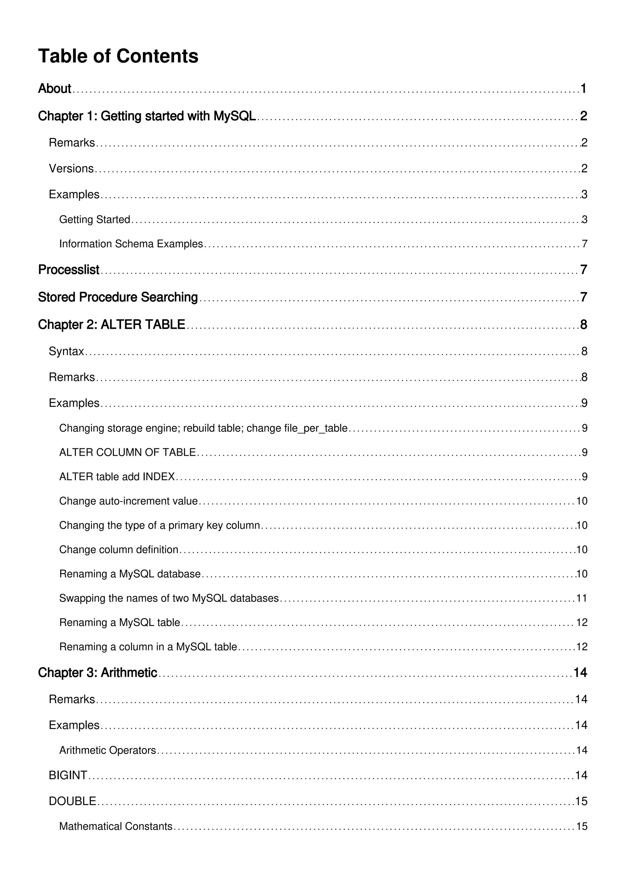Table of Contents
About 1
Chapter 1: Getting started with MySQL 2
Remarks 2
Versions 2
Examples 3
Getting Started 3
Information Schema Examples 7
Processlist 7
Stored Procedure Searching 7
Chapter 2: ALTER TABLE 8
Syntax 8
Remarks 8
Examples 9
Changing storage engine; rebuild table; change file_per_table 9
ALTER COLUMN OF TABLE 9
ALTER table add INDEX 9
Change auto-increment value 10
Changing the type of a primary key column 10
Change column definition 10
Renaming a MySQL database 10
Swapping the names of two MySQL databases 11
Renaming a MySQL table 12
Renaming a column in a MySQL table 12
Chapter 3: Arithmetic 14
Remarks 14
Examples 14
Arithmetic Operators 14
BIGINT 14
DOUBLE 15
Mathematical Constants 15
 