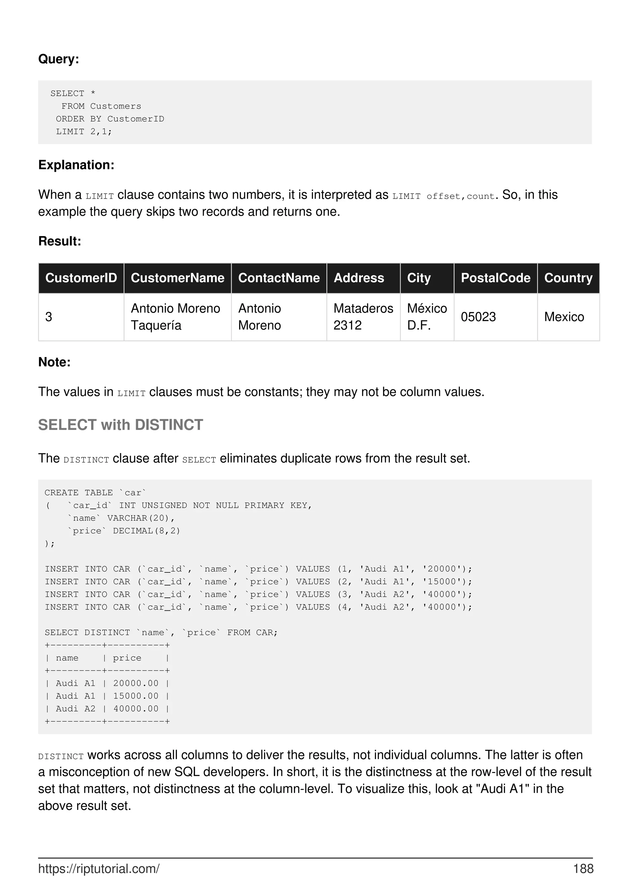 Query:
SELECT *
FROM Customers
ORDER BY CustomerID
LIMIT 2,1;
Explanation:
When a LIMIT clause contains two numbers, it is interpreted as LIMIT offset,count. So, in this
example the query skips two records and returns one.
Result:
CustomerID CustomerName ContactName Address City PostalCode Country
3
Antonio Moreno
Taquería
Antonio
Moreno
Mataderos
2312
México
D.F.
05023 Mexico
Note:
The values in LIMIT clauses must be constants; they may not be column values.
SELECT with DISTINCT
The DISTINCT clause after SELECT eliminates duplicate rows from the result set.
CREATE TABLE `car`
( `car_id` INT UNSIGNED NOT NULL PRIMARY KEY,
`name` VARCHAR(20),
`price` DECIMAL(8,2)
);
INSERT INTO CAR (`car_id`, `name`, `price`) VALUES (1, 'Audi A1', '20000');
INSERT INTO CAR (`car_id`, `name`, `price`) VALUES (2, 'Audi A1', '15000');
INSERT INTO CAR (`car_id`, `name`, `price`) VALUES (3, 'Audi A2', '40000');
INSERT INTO CAR (`car_id`, `name`, `price`) VALUES (4, 'Audi A2', '40000');
SELECT DISTINCT `name`, `price` FROM CAR;
+---------+----------+
| name | price |
+---------+----------+
| Audi A1 | 20000.00 |
| Audi A1 | 15000.00 |
| Audi A2 | 40000.00 |
+---------+----------+
DISTINCT works across all columns to deliver the results, not individual columns. The latter is often
a misconception of new SQL developers. In short, it is the distinctness at the row-level of the result
set that matters, not distinctness at the column-level. To visualize this, look at "Audi A1" in the
above result set.
https://riptutorial.com/ 188
 