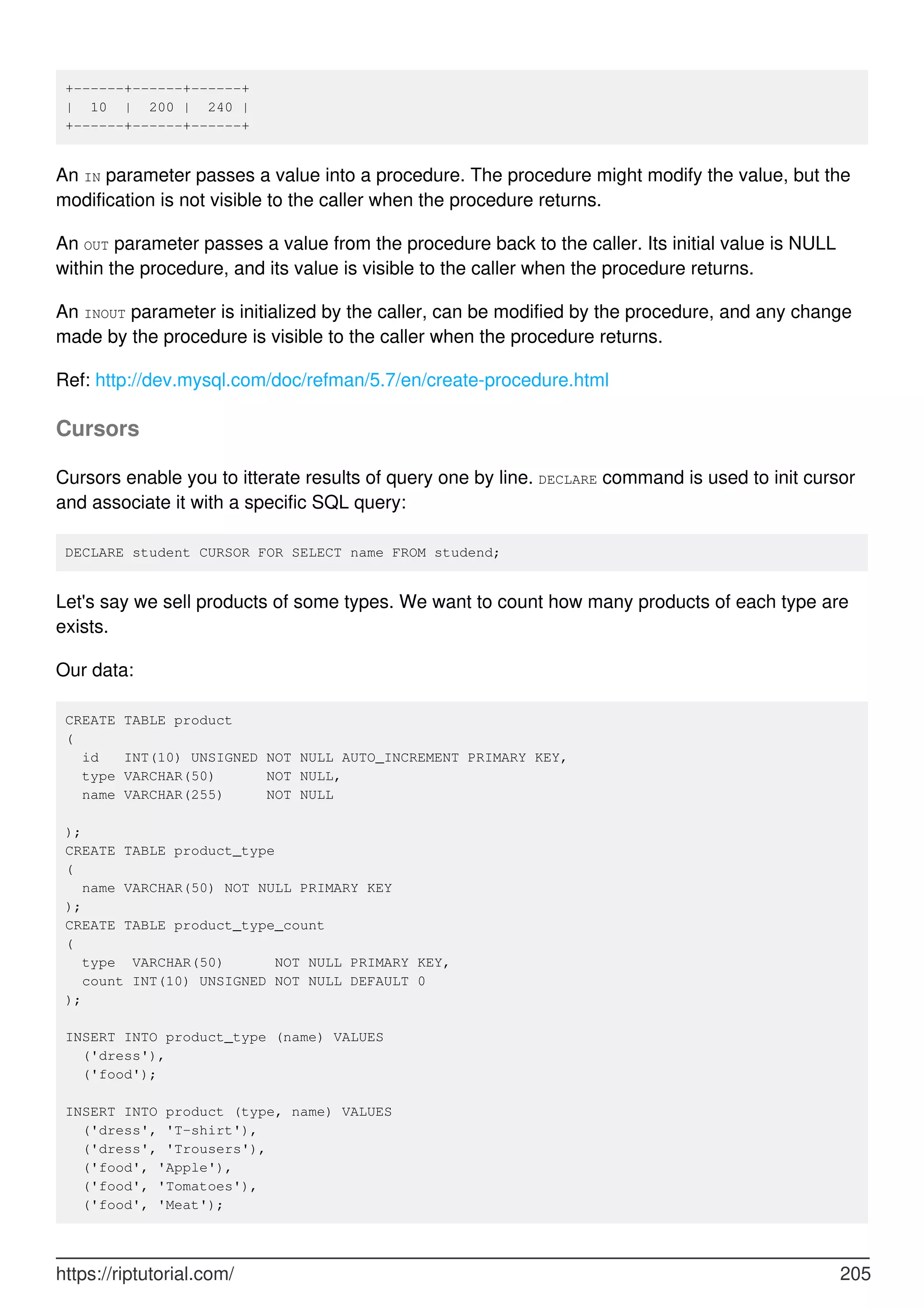 +------+------+------+
| 10 | 200 | 240 |
+------+------+------+
An IN parameter passes a value into a procedure. The procedure might modify the value, but the
modification is not visible to the caller when the procedure returns.
An OUT parameter passes a value from the procedure back to the caller. Its initial value is NULL
within the procedure, and its value is visible to the caller when the procedure returns.
An INOUT parameter is initialized by the caller, can be modified by the procedure, and any change
made by the procedure is visible to the caller when the procedure returns.
Ref: http://dev.mysql.com/doc/refman/5.7/en/create-procedure.html
Cursors
Cursors enable you to itterate results of query one by line. DECLARE command is used to init cursor
and associate it with a specific SQL query:
DECLARE student CURSOR FOR SELECT name FROM studend;
Let's say we sell products of some types. We want to count how many products of each type are
exists.
Our data:
CREATE TABLE product
(
id INT(10) UNSIGNED NOT NULL AUTO_INCREMENT PRIMARY KEY,
type VARCHAR(50) NOT NULL,
name VARCHAR(255) NOT NULL
);
CREATE TABLE product_type
(
name VARCHAR(50) NOT NULL PRIMARY KEY
);
CREATE TABLE product_type_count
(
type VARCHAR(50) NOT NULL PRIMARY KEY,
count INT(10) UNSIGNED NOT NULL DEFAULT 0
);
INSERT INTO product_type (name) VALUES
('dress'),
('food');
INSERT INTO product (type, name) VALUES
('dress', 'T-shirt'),
('dress', 'Trousers'),
('food', 'Apple'),
('food', 'Tomatoes'),
('food', 'Meat');
https://riptutorial.com/ 205
 