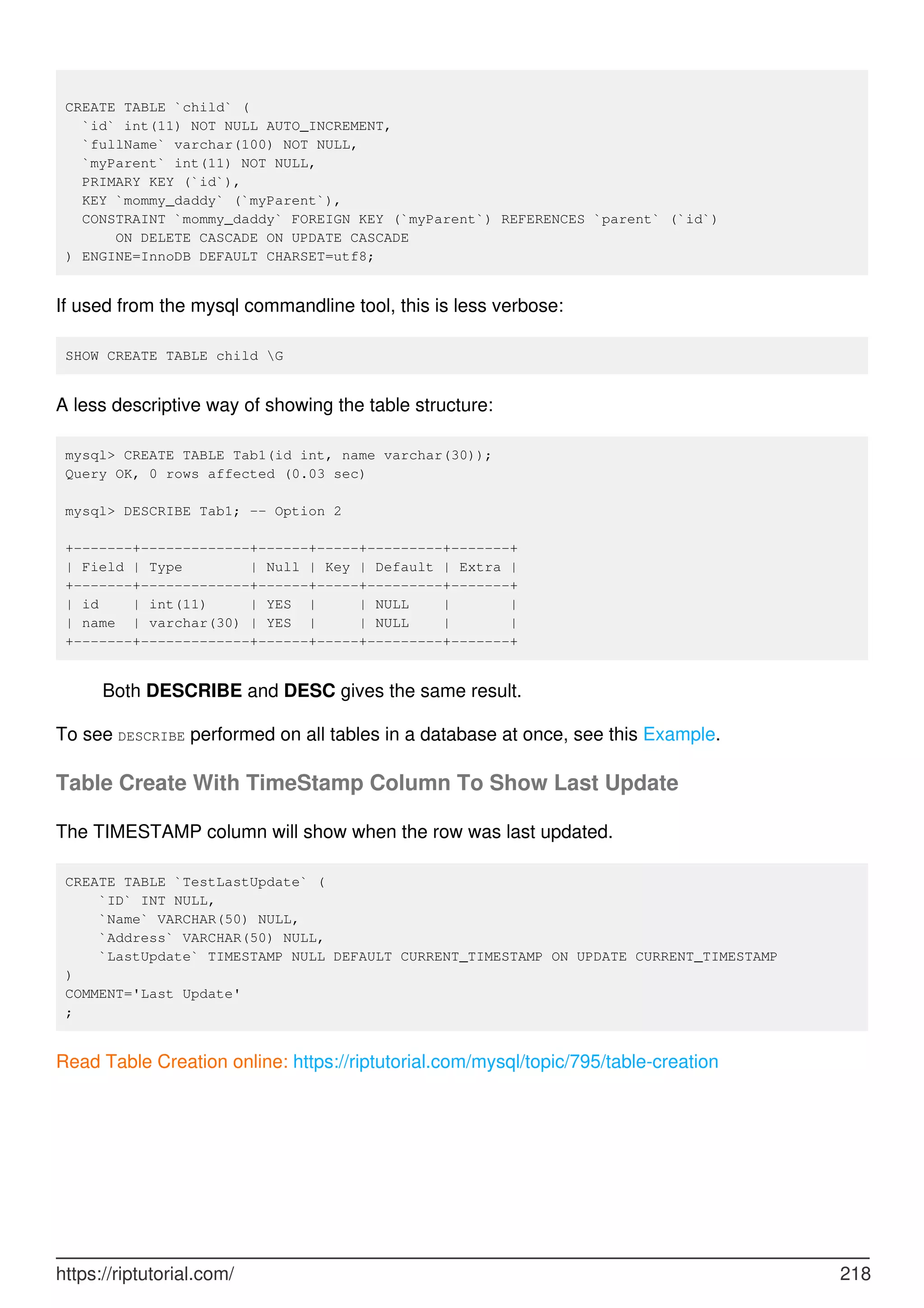 CREATE TABLE `child` (
`id` int(11) NOT NULL AUTO_INCREMENT,
`fullName` varchar(100) NOT NULL,
`myParent` int(11) NOT NULL,
PRIMARY KEY (`id`),
KEY `mommy_daddy` (`myParent`),
CONSTRAINT `mommy_daddy` FOREIGN KEY (`myParent`) REFERENCES `parent` (`id`)
ON DELETE CASCADE ON UPDATE CASCADE
) ENGINE=InnoDB DEFAULT CHARSET=utf8;
If used from the mysql commandline tool, this is less verbose:
SHOW CREATE TABLE child G
A less descriptive way of showing the table structure:
mysql> CREATE TABLE Tab1(id int, name varchar(30));
Query OK, 0 rows affected (0.03 sec)
mysql> DESCRIBE Tab1; -- Option 2
+-------+-------------+------+-----+---------+-------+
| Field | Type | Null | Key | Default | Extra |
+-------+-------------+------+-----+---------+-------+
| id | int(11) | YES | | NULL | |
| name | varchar(30) | YES | | NULL | |
+-------+-------------+------+-----+---------+-------+
Both DESCRIBE and DESC gives the same result.
To see DESCRIBE performed on all tables in a database at once, see this Example.
Table Create With TimeStamp Column To Show Last Update
The TIMESTAMP column will show when the row was last updated.
CREATE TABLE `TestLastUpdate` (
`ID` INT NULL,
`Name` VARCHAR(50) NULL,
`Address` VARCHAR(50) NULL,
`LastUpdate` TIMESTAMP NULL DEFAULT CURRENT_TIMESTAMP ON UPDATE CURRENT_TIMESTAMP
)
COMMENT='Last Update'
;
Read Table Creation online: https://riptutorial.com/mysql/topic/795/table-creation
https://riptutorial.com/ 218
 