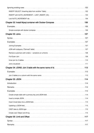 Ignoring existing rows 102
INSERT SELECT (Inserting data from another Table) 102
INSERT with AUTO_INCREMENT + LAST_INSERT_ID() 103
Lost AUTO_INCREMENT ids 104
Chapter 32: Install Mysql container with Docker-Compose 106
Examples 106
Simple example with docker-compose 106
Chapter 33: Joins 107
Syntax 107
Examples 107
Joining Examples 107
JOIN with subquery ("Derived" table) 107
Retrieve customers with orders -- variations on a theme 108
Full Outer Join 109
Inner-join for 3 tables 110
Joins visualized 111
Chapter 34: JOINS: Join 3 table with the same name of id. 113
Examples 113
Join 3 tables on a column with the same name 113
Chapter 35: JSON 114
Introduction 114
Remarks 114
Examples 114
Create simple table with a primary key and JSON field 114
Insert a simple JSON 114
Insert mixed data into a JSON field. 114
Updating a JSON field 115
CAST data to JSON type 115
Create Json Object and Array 115
Chapter 36: Limit and Offset 117
Syntax 117
Remarks 117
 