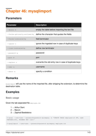 Chapter 46: mysqlimport
Parameters
Parameter Description
--delete -D empty the table before importing the text file
--fields-optionally-enclosed-by define the character that quotes the fields
--fields-terminated-by field terminator
--ignore -i ignore the ingested row in case of duplicate-keys
--lines-terminated-by define row terminator
--password -p password
--port -P port
--replace -r overwrite the old entry row in case of duplicate-keys
--user -u username
--where -w specify a condition
Remarks
mysqlimport will use the name of the imported file, after stripping the extension, to determine the
destination table.
Examples
Basic usage
Given the tab-separated file employee.txt
1 t Arthur Dent
2 t Marvin
3 t Zaphod Beeblebrox
$ mysql --user=user --password=password mycompany -e 'CREATE TABLE employee(id INT, name
VARCHAR(100), PRIMARY KEY (id))'
$ mysqlimport --user=user --password=password mycompany employee.txt
https://riptutorial.com/ 143
 