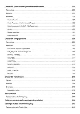Chapter 63: Stored routines (procedures and functions) 202
Parameters 202
Remarks 202
Examples 202
Create a Function 202
Create Procedure with a Constructed Prepare 203
Stored procedure with IN, OUT, INOUT parameters 204
Cursors 205
Multiple ResultSets 207
Create a function 207
Chapter 64: String operations 208
Parameters 208
Examples 210
Find element in comma separated list 210
STR_TO_DATE - Convert string to date 210
LOWER() / LCASE() 211
REPLACE() 211
SUBSTRING() 211
UPPER() / UCASE() 211
LENGTH() 212
CHAR_LENGTH() 212
HEX(str) 212
Chapter 65: Table Creation 213
Syntax 213
Remarks 213
Examples 213
Basic table creation 213
Setting defaults 214
Table creation with Primary Key 214
Defining one column as Primary Key (inline definition) 215
Defining a multiple-column Primary Key 215
Table creation with Foreign Key 216
 