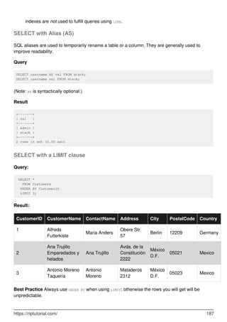 indexes are not used to fulfill queries using LIKE.
SELECT with Alias (AS)
SQL aliases are used to temporarily rename a table or a column. They are generally used to
improve readability.
Query
SELECT username AS val FROM stack;
SELECT username val FROM stack;
(Note: AS is syntactically optional.)
Result
+-------+
| val |
+-------+
| admin |
| stack |
+-------+
2 rows in set (0.00 sec)
SELECT with a LIMIT clause
Query:
SELECT *
FROM Customers
ORDER BY CustomerID
LIMIT 3;
Result:
CustomerID CustomerName ContactName Address City PostalCode Country
1 Alfreds
Futterkiste
Maria Anders
Obere Str.
57
Berlin 12209 Germany
2
Ana Trujillo
Emparedados y
helados
Ana Trujillo
Avda. de la
Constitución
2222
México
D.F.
05021 Mexico
3
Antonio Moreno
Taquería
Antonio
Moreno
Mataderos
2312
México
D.F.
05023 Mexico
Best Practice Always use ORDER BY when using LIMIT; otherwise the rows you will get will be
unpredictable.
https://riptutorial.com/ 187
 