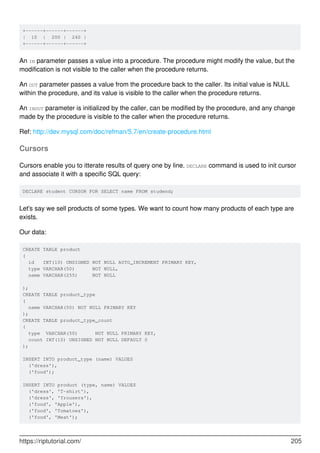 +------+------+------+
| 10 | 200 | 240 |
+------+------+------+
An IN parameter passes a value into a procedure. The procedure might modify the value, but the
modification is not visible to the caller when the procedure returns.
An OUT parameter passes a value from the procedure back to the caller. Its initial value is NULL
within the procedure, and its value is visible to the caller when the procedure returns.
An INOUT parameter is initialized by the caller, can be modified by the procedure, and any change
made by the procedure is visible to the caller when the procedure returns.
Ref: http://dev.mysql.com/doc/refman/5.7/en/create-procedure.html
Cursors
Cursors enable you to itterate results of query one by line. DECLARE command is used to init cursor
and associate it with a specific SQL query:
DECLARE student CURSOR FOR SELECT name FROM studend;
Let's say we sell products of some types. We want to count how many products of each type are
exists.
Our data:
CREATE TABLE product
(
id INT(10) UNSIGNED NOT NULL AUTO_INCREMENT PRIMARY KEY,
type VARCHAR(50) NOT NULL,
name VARCHAR(255) NOT NULL
);
CREATE TABLE product_type
(
name VARCHAR(50) NOT NULL PRIMARY KEY
);
CREATE TABLE product_type_count
(
type VARCHAR(50) NOT NULL PRIMARY KEY,
count INT(10) UNSIGNED NOT NULL DEFAULT 0
);
INSERT INTO product_type (name) VALUES
('dress'),
('food');
INSERT INTO product (type, name) VALUES
('dress', 'T-shirt'),
('dress', 'Trousers'),
('food', 'Apple'),
('food', 'Tomatoes'),
('food', 'Meat');
https://riptutorial.com/ 205
 