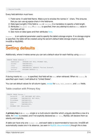 ) Engine=InnoDB;
Every field definition must have:
Field name: A valid field Name. Make sure to encolse the names in `-chars. This ensures
that you can use eg space-chars in the fieldname.
1.
Data type [Length]: If the field is CHAR or VARCHAR, it is mandatory to specify a field length.
2.
Attributes NULL | NOT NULL: If NOT NULL is specified, then any attempt to store a NULL value in
that field will fail.
3.
See more on data types and their attributes here.
4.
Engine=... is an optional parameter used to specify the table's storage engine. If no storage engine
is specified, the table will be created using the server's default table storage engine (usually
InnoDB or MyISAM).
Setting defaults
Additionally, where it makes sense you can set a default value for each field by using DEFAULT:
CREATE TABLE Address (
`AddressID` INTEGER NOT NULL PRIMARY KEY,
`Street` VARCHAR(80),
`City` VARCHAR(80),
`Country` VARCHAR(80) DEFAULT "United States",
`Active` BOOLEAN DEFAULT 1,
) Engine=InnoDB;
If during inserts no Street is specified, that field will be NULL when retrieved. When no Country is
specified upon insert, it will default to "United States".
You can set default values for all column types, except for BLOB, TEXT, GEOMETRY, and JSON fields.
Table creation with Primary Key
CREATE TABLE Person (
PersonID INT UNSIGNED NOT NULL,
LastName VARCHAR(66) NOT NULL,
FirstName VARCHAR(66),
Address VARCHAR(255),
City VARCHAR(66),
PRIMARY KEY (PersonID)
);
A primary key is a NOT NULL single or a multi-column identifier which uniquely identifies a row of a
table. An index is created, and if not explicitly declared as NOT NULL, MySQL will declare them so
silently and implicitly.
A table can have only one PRIMARY KEY, and each table is recommended to have one. InnoDB will
automatically create one in its absence, (as seen in MySQL documentation) though this is less
https://riptutorial.com/ 214
 