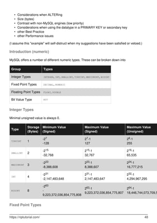 Considerations when ALTERing
•
Size (bytes)
•
Contrast with non-MySQL engines (low priority)
•
Considerations when using the datatype in a PRIMARY KEY or secondary key
•
other Best Practice
•
other Performance issues
•
(I assume this "example" will self-distruct when my suggestions have been satisfied or vetoed.)
Introduction (numeric)
MySQL offers a number of different numeric types. These can be broken down into
Group Types
Integer Types INTEGER, INT, SMALLINT, TINYINT, MEDIUMINT, BIGINT
Fixed Point Types DECIMAL, NUMERIC
Floating Point Types FLOAT, DOUBLE
Bit Value Type BIT
Integer Types
Minimal unsigned value is always 0.
Type
Storage
(Bytes)
Minimum Value
(Signed)
Maximum Value
(Signed)
Maximum Value
(Unsigned)
TINYINT 1
-27
-128
27-1
127
28-1
255
SMALLINT 2
-215
-32,768
215-1
32,767
216-1
65,535
MEDIUMINT 3
-223
-8,388,608
223-1
8,388,607
224-1
16,777,215
INT 4
-231
-2,147,483,648
231-1
2,147,483,647
232-1
4,294,967,295
BIGINT 8
-263
-
9,223,372,036,854,775,808
263-1
9,223,372,036,854,775,807
264-1
18,446,744,073,709,5
Fixed Point Types
https://riptutorial.com/ 48
 