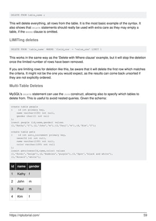 DELETE FROM table_name ;
This will delete everything, all rows from the table. It is the most basic example of the syntax. It
also shows that DELETE statements should really be used with extra care as they may empty a
table, if the WHERE clause is omitted.
LIMITing deletes
DELETE FROM `table_name` WHERE `field_one` = 'value_one' LIMIT 1
This works in the same way as the 'Delete with Where clause' example, but it will stop the deletion
once the limited number of rows have been removed.
If you are limiting rows for deletion like this, be aware that it will delete the first row which matches
the criteria. It might not be the one you would expect, as the results can come back unsorted if
they are not explicitly ordered.
Multi-Table Deletes
MySQL's DELETE statement can use the JOIN construct, allowing also to specify which tables to
delete from. This is useful to avoid nested queries. Given the schema:
create table people
( id int primary key,
name varchar(100) not null,
gender char(1) not null
);
insert people (id,name,gender) values
(1,'Kathy','f'),(2,'John','m'),(3,'Paul','m'),(4,'Kim','f');
create table pets
( id int auto_increment primary key,
ownerId int not null,
name varchar(100) not null,
color varchar(100) not null
);
insert pets(ownerId,name,color) values
(1,'Rover','beige'),(2,'Bubbles','purple'),(3,'Spot','black and white'),
(1,'Rover2','white');
id name gender
1 Kathy f
2 John m
3 Paul m
4 Kim f
https://riptutorial.com/ 59
 