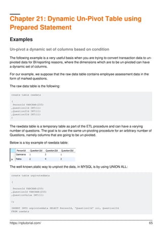 Chapter 21: Dynamic Un-Pivot Table using
Prepared Statement
Examples
Un-pivot a dynamic set of columns based on condition
The following example is a very useful basis when you are trying to convert transaction data to un-
pivoted data for BI/reporting reasons, where the dimensions which are to be un-pivoted can have
a dynamic set of columns.
For our example, we suppose that the raw data table contains employee assessment data in the
form of marked questions.
The raw data table is the following:
create table rawdata
(
PersonId VARCHAR(255)
,Question1Id INT(11)
,Question2Id INT(11)
,Question3Id INT(11)
)
The rawdata table is a temporary table as part of the ETL procedure and can have a varying
number of questions. The goal is to use the same un-pivoting procedure for an arbitrary number of
Questions, namely columns that are going to be un-pivoted.
Below is a toy example of rawdata table:
The well-known,static way to unpivot the data, in MYSQL is by using UNION ALL:
create table unpivoteddata
(
PersonId VARCHAR(255)
,QuestionId VARCHAR(255)
,QuestionValue INT(11)
);
INSERT INTO unpivoteddata SELECT PersonId, 'Question1Id' col, Question1Id
FROM rawdata
https://riptutorial.com/ 65
 