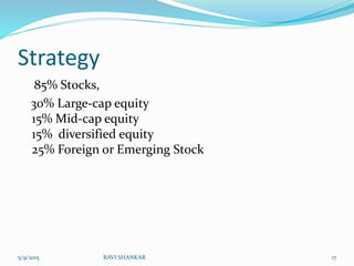 Strategy
85% Stocks,
30% Large-cap equity
15% Mid-cap equity
15% diversified equity
25% Foreign or Emerging Stock
5/9/2015 17RAVI SHANKAR
 