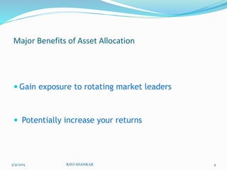 Major Benefits of Asset Allocation
 Gain exposure to rotating market leaders
 Potentially increase your returns
5/9/2015 4RAVI SHANKAR
 