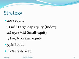 Strategy
20% equity
1.) 10% Large-cap equity (Index)
2.) 05% Mid-Small-equity
3.) 05% Foreign equity
55% Bonds
 25% Cash + Fd
5/9/2015 9RAVI SHANKAR
 