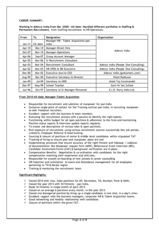 Apr-10 Dec-10 Manager-Direct Hire 
Oct-07 Mar-10 Manager-Operations 
Apr-06 Sep-07 Group Account Manager 
Apr-05 Mar-06 Sr Recruitment Consultant 
Apr-03 Mar-04 Recruitment Consultant Adecco India (People One Consulting) 
Apr-02 Mar-03 HR SPOC & DB Executive Adecco India (People One Consulting) 
Dec-00 Mar-02 Executive Asst to CEO Adecco India (go4careers.com) 
Aug-99 Dec 00 Executive Secretary to Director Hotel Radisson 
Jan-99 Jul-99 Secretary to HRD Hotel Taj Coromandel 
Dec-97 May-98 School Teacher Govt Hr Sec School 
Jun-96 Oct-97 Secretary to Sr Manager Personnel E.I.D. Parry India Ltd. 
Page 2 of 4 
CAREER SUMMARY: 
Working in Adecco India from Dec 2000 – till date- Handled different portfolios in Staffing & 
Permanent Recruitment, from Staffing recruitment to HR Operations. 
From To Designation Organisation 
Jan-11 till date 
Manager-HR – Talent Acquisition-pan 
India 
Adecco India 
From 2010 till date: Manager-Talent Acquisition 
 Responsible for recruitment and selection of manpower for pan India 
 Exclusive single point of contact for the Training vertical pan India, in recruiting manpower 
as well freelance recruiters. 
 Excellent rapport with the business & team members 
 Executing the recruitment process with a passion to identify the right talents. 
 Functioning within budget for all open positions & adherence to the SLAs and maintaining 
Position status reports & Interview update reports regularly. 
 To create Job descriptions of various roles & open positions. 
 Rich exposure of recruitment using various recruitment sources successfully like job portals, 
Linked In, Employee Referral & head hunting. 
 Sourcing & closure of positions of senior & middle level candidates within stipulated TAT 
 Tracking of hiring to ensure year-end manpower plans are met 
 Implementing processes that ensure accuracy of the right fitment and followup / collation 
of documentation like Manpower request form (MRF), Behavioural Event Interview (BEI), 
Candidate Assessment Forms (CAF) & background verification are in place. 
 Compensation Benefits: Negotiation & co-ordination with candidates for the right 
compensation matching their experience and skill sets. 
 Responsible for smooth on-boarding of new joinees & career counselling 
 HR Induction and orientation & Leave and Attendance management for all employees 
pertaining to TN & Kerala region 
 Training & mentoring the recruitment team. 
Significant Highlights: 
 Closed 2014 with max. Sales positions for AP, Karnataka, TN, Mumbai, Pune & Delhi. 
 Closed the year 2013 with 54 fitments – pan India. 
 Made 16 fitments in single month of April 2013. 
 Closed on an average 6 positions every month, in the year 2013. 
 Closed one Managerial position by lining up a single candidate in one shot, in a day’s time. 
 Excellent rapport with the business managers, corporate HR & Talent Acquisition teams. 
 Good networking and healthy relationship with candidates 
 Closure of positions within the given TAT. 
 
