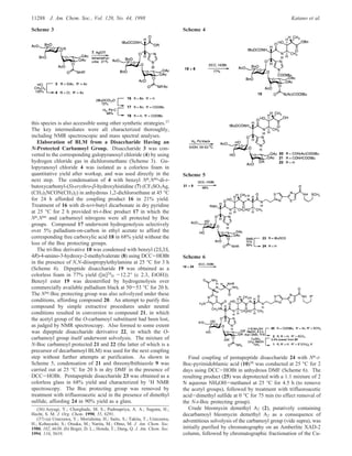 this species is also accessible using other synthetic strategies.37
The key intermediates were all characterized thoroughly,
including NMR spectroscopic and mass spectral analyses.
Elaboration of BLM from a Disaccharide Having an
N-Protected Carbamoyl Group. Disaccharide 3 was con-
verted to the corresponding gulopyranosyl chloride (4) by using
hydrogen chloride gas in dichloromethane (Scheme 3). Gu-
lopyranosyl chloride 4 was isolated as a colorless foam in
quantitative yield after workup, and was used directly in the
next step. The condensation of 4 with benzyl NR,Nim-di-t-
butoxycarbonyl-(S)-erythro-β-hydroxyhistidine (7) (CF3SO3Ag,
(CH3)2NCON(CH3)2) in anhydrous 1,2-dichloroethane at 45 °C
for 24 h afforded the coupling product 16 in 21% yield.
Treatment of 16 with di-tert-butyl dicarbonate in dry pyridine
at 25 °C for 2 h provided tri-t-Boc product 17 in which the
NR,Nim and carbamoyl nitrogens were all protected by Boc
groups. Compound 17 underwent hydrogenolysis selectively
over 5% palladium-on-carbon in ethyl acetate to afford the
corresponding free carboxylic acid 18 in 68% yield without the
loss of the Boc protecting groups.
The tri-Boc derivative 18 was condensed with benzyl (2S,3S,
4R)-4-amino-3-hydroxy-2-methylvalerate (8) using DCC-HOBt
in the presence of N,N-diisopropylethylamine at 25 °C for 3 h
(Scheme 4). Dipeptide disaccharide 19 was obtained as a
colorless foam in 77% yield ([R]24
D -12.2° (c 2.3, EtOH)).
Benzyl ester 19 was deesterified by hydrogenolysis over
commercially available palladium black at 50-53 °C for 20 h.
The Nim-Boc protecting group was also solvolyzed under these
conditions, affording compound 20. An attempt to purify this
compound by simple extractive procedures under neutral
conditions resulted in conversion to compound 21, in which
the acetyl group of the O-carbamoyl substituent had been lost,
as judged by NMR spectroscopy. Also formed to some extent
was dipeptide disaccharide derivative 22, in which the O-
carbamoyl group itself underwent solvolysis. The mixture of
N-Boc carbamoyl protected 21 and 22 (the latter of which is a
precursor of decarbamoyl BLM) was used for the next coupling
step without further attempts at purification. As shown in
Scheme 5, condensation of 21 and threonylbithiazole 9 was
carried out at 25 °C for 20 h in dry DMF in the presence of
DCC-HOBt. Pentapeptide disaccharide 23 was obtained as a
colorless glass in 68% yield and characterized by 1H NMR
spectroscopy. The Boc protecting group was removed by
treatment with trifluoroacetic acid in the presence of dimethyl
sulfide, affording 24 in 90% yield as a glass.
Final coupling of pentapeptide disaccharide 24 with NR-t-
Boc-pyrimidoblamic acid (10)36 was conducted at 25 °C for 2
days using DCC-HOBt in anhydrous DMF (Scheme 6). The
resulting product (25) was deprotected with a 1:1 mixture of 2
N aqueous NH4OH-methanol at 25 °C for 4.5 h (to remove
the acetyl groups), followed by treatment with trifluoroacetic
acid-dimethyl sulfide at 0 °C for 75 min (to effect removal of
the N-t-Boc protecting group).
Crude bleomycin demethyl A2 (2), putatively containing
decarbamoyl bleomycin demethyl A2 as a consequence of
adventitious solvolysis of the carbamoyl group (vide supra), was
initially purified by chromatography on an Amberlite XAD-2
column, followed by chromatographic fractionation of the Cu-
(36) Aoyagi, Y.; Chorghade, M. S.; Padmapriya, A. A.; Suguna, H.;
Hecht, S. M. J. Org. Chem. 1990, 55, 6291.
(37) (a) Umezawa, Y.; Morishima, H.; Saito, S.; Takita, T.; Umezawa,
H.; Kobayashi, S.; Otsuka, M.; Narita, M.; Ohno, M. J. Am. Chem. Soc.
1980, 102, 6630. (b) Boger, D. L.; Honda, T.; Dang, Q. J. Am. Chem. Soc.
1994, 116, 5619.
Scheme 3 Scheme 4
Scheme 5
Scheme 6
11288 J. Am. Chem. Soc., Vol. 120, No. 44, 1998 Katano et al.
 