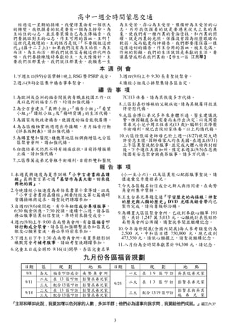 高中一週全時間蒙恩交通
 經過這一星期的操練，我覺得裏面有一個很大                    為主受苦，存心為主受苦，豫備好為主受苦的心
的轉變。我很摸着的就是要有一個為主捨命、為                    志。另外我很摸着的就是要遇見從天上來的異
主站住的心志，並且要裝備自己為主傳福音。我                    象，使我們有一種內裏的膏油塗抹，和內裏的照
們要挑旺對主的心志，作主可用的器皿。主啊！                    耀，就是內裏的光照。保羅沒有因為經歷眼瞎而
這世代是敗壞的。主的話乃是說：   『不要模倣這世                軟弱，反而能更向神禱告。我們都要像保羅一樣
代』(羅十二 2 上)，如果我們沒有為主站住，為主                這樣迫切的禱告，作主合用的器皿，被主充滿，
而活，為主而活，那我們就很容易被這世代所吞                    作祂的彰顯。我們的生活就該是奉獻的生活，要
喫。我們要操練隨時奉獻給主，天天豫備好，主                    讓基督成形在我們裏面。【學生一區 江兆華】
要我們往那裏去，我們就往那裏去。我願意一生
                                 本 週 例 會
1.下週主日(9/9)分區擘餅 晚上 RSG 暨 PSRP 成全。
               ；                         3.週四(9/6)上午 9:30 長青聖徒聚會。
2.週二(9/4)全區集中禱告事奉聚會。                     4.讀經小組及小排聚集請各區自定。
                                 禱 告 事 項
1.為歐洲及亞洲的福音開展與青職並校園工作 以  ，                 7C113 休養，請為其恢復多方代禱。
  及以色列的福音工作，均請加強代禱。                      8.三區彭嘉妙姊妹的父親病逝 請為其親屬得救並
                                                          ，
2.為全召會建立『晨興小組』『禱告小組』『看望
               、       、                   得安慰代禱。
  小組』、
     『讀經小組』 『禱研背講』
            及        的生活代禱。              9.九區余博仁弟兄多年來身體不適，醫生建議洗
3.為國家及執政者禱告，使國度的福音能彀廣傳。                    腎，惟因顧慮各面需要尚未作出決定；以及周榮
4.為各區積極實施週週出外接觸，月月福音行動                     章弟兄小兒子周立恆弟兄(13 歲)，腦部引流降壓
  (詳本版附表)，請加強代禱。                           手術順利，現已出院回家休養，以上均請代禱。
5.為購置雙和醫院 積穗等地區相調與增區之分區
          、                              10.六區徐張瑛老師母已於上週一(8/27)晚間九時
  區聚會會所，請加強代禱。                             許安息主懷 因師母家人均在美國 在週五(8/31)
                                                   ，         ，
                                           上午區裏聖徒配合服事 並完成大體入殮與封棺
                                                        ，
6.白德佑弟兄仍然不時有頭痛症狀 目前持續服藥
                   ，                       後，下午運往美國加州，豫定本週五(9/5)在恩典
  止痛，請加強代禱。                                陵園有安息聚會與喪葬服事，請多方代禱。
7.三區廖萬成弟兄脊椎手術順利 目前於雙和醫院
                 ，
                                 報 告 事 項
1.本週晨興進度為夏季訓練『小申言者書結晶讀                     (小一至小六)，以及區裏有心配搭服事聖徒，請
  經』晨興聖言第七週『基督作為真大衞，回來復                    儘速彙交李慶祿弟兄。
  興祂的國』。                                 7.今天各區報名初信成全之新人與陪同者，在南勢
2.今晚讀經小組進度為希伯來書第十章導讀，以及                    角會所集中擘餅。
  『小申言者書結晶讀經』綱要附經文第七篇禱研                  8.王生台弟兄專題交通『宇宙歷史的兩條線：神聖
  背講操練與追求，請聖徒們踴躍參加。                        的歷史與人類的歷史』DVD 光碟及錄音帶均已
3.自週四(9/6)晚間起，有今年初信成全專項服事，                 製作完成，請向書報部洽購。
  6:30 飯食供應，7:30 授課，連續十二週，請各區            9.為購置大區區聚會會所，已收到奉獻心願單 191
  務必服事區裏初信聖徒，準時前來接受成全。                     張，共計 1,247 萬 5,013 元。心願統計表張貼於
4.週六(9/8)上午 9:00 在南勢角會所 有全區福音叩
                       ，                   南勢角會所公佈欄，請聖徒參閱並繼續記念。
  訪行動成全聚會，請各區加強聯繫並告知區裏已                  10.今年海外開展(含國內開展)每人參考額度仍為
  繳交心願單聖徒，務必準時前來參加。                        2,500 元，中和區目標 750,000 元，現已收到
5.下週主日下午 1:30 在南勢角會所 有夏季錄影訓
                       ，                   473,350 元。請依心願擺上，請聖徒繼續記念。
  練默寫會考補考服事，請缺考聖徒踴躍參加。                   11.八月份為全時間奉獻累計 94,300 元，請記念。
6.兒童主日成全將於 9/16(日)開學，各區兒童名單

                            九月份各區福音規劃
    日期     區     規   劃       地   點   日期     區      規    劃        地   點
    9/8    各大   福音叩訪成全      南勢角會所           一大   在 1 9 區 叩 訪 吳其瑞弟兄家
           二大   在 13 區叩訪    彭賢求弟兄家
    9/11                             9/25   二大   在 1 3 區 叩 訪 彭賢求弟兄家
           三大   配合 13 區叩訪   彭賢求弟兄家
           二大   在 13 區叩訪    彭賢求弟兄家                              彭賢求與吳其
    9/18                                    三大   配合 13/19 區叩訪
           三大   配合 13 區叩訪   彭賢求弟兄家                              瑞 弟 兄 家

『主耶和華如此說，我要加增以色列家的人數，多如羊群；他們必為這事向我求問，我要給他們成就。』結三六37


                                     3
 