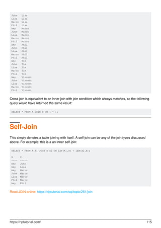 John Lisa
Lisa Lisa
Marco Lisa
Phil Lisa
Amy Marco
John Marco
Lisa Marco
Marco Marco
Phil Marco
Amy Phil
John Phil
Lisa Phil
Marco Phil
Phil Phil
Amy Tim
John Tim
Lisa Tim
Marco Tim
Phil Tim
Amy Vincent
John Vincent
Lisa Vincent
Marco Vincent
Phil Vincent
Cross join is equivalent to an inner join with join condition which always matches, so the following
query would have returned the same result:
SELECT * FROM A JOIN B ON 1 = 1;
Self-Join
This simply denotes a table joining with itself. A self-join can be any of the join types discussed
above. For example, this is a an inner self-join:
SELECT * FROM A A1 JOIN A A2 ON LEN(A1.X) < LEN(A2.X);
X X
---- -----
Amy John
Amy Lisa
Amy Marco
John Marco
Lisa Marco
Phil Marco
Amy Phil
Read JOIN online: https://riptutorial.com/sql/topic/261/join
https://riptutorial.com/ 115
 