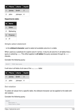 Id FName LName DeptId
1 James Smith 3
2 John Johnson 4
Departments table:
Id Name
1 Sales
2 Marketing
3 Finance
4 IT
Simple select statement
* is the wildcard character used to select all available columns in a table.
When used as a substitute for explicit column names, it returns all columns in all tables that a
query is selecting FROM. This effect applies to all tables the query accesses through its JOIN
clauses.
Consider the following query:
SELECT * FROM Employees
It will return all fields of all rows of the Employees table:
Id FName LName DeptId
1 James Smith 3
2 John Johnson 4
Dot notation
To select all values from a specific table, the wildcard character can be applied to the table with
dot notation.
Consider the following query:
SELECT
Employees.*,
Departments.Name
https://riptutorial.com/ 142
 