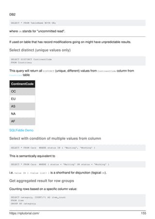 DB2
SELECT * FROM TableName WITH UR;
where UR stands for "uncommitted read".
If used on table that has record modifications going on might have unpredictable results.
Select distinct (unique values only)
SELECT DISTINCT ContinentCode
FROM Countries;
This query will return all DISTINCT (unique, different) values from ContinentCode column from
Countries table
ContinentCode
OC
EU
AS
NA
AF
SQLFiddle Demo
Select with condition of multiple values from column
SELECT * FROM Cars WHERE status IN ( 'Waiting', 'Working' )
This is semantically equivalent to
SELECT * FROM Cars WHERE ( status = 'Waiting' OR status = 'Working' )
i.e. value IN ( <value list> ) is a shorthand for disjunction (logical OR).
Get aggregated result for row groups
Counting rows based on a specific column value:
SELECT category, COUNT(*) AS item_count
FROM item
GROUP BY category;
https://riptutorial.com/ 155
 