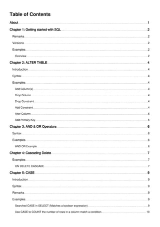 Table of Contents
About 1
Chapter 1: Getting started with SQL 2
Remarks 2
Versions 2
Examples 2
Overview 2
Chapter 2: ALTER TABLE 4
Introduction 4
Syntax 4
Examples 4
Add Column(s) 4
Drop Column 4
Drop Constraint 4
Add Constraint 4
Alter Column 5
Add Primary Key 5
Chapter 3: AND & OR Operators 6
Syntax 6
Examples 6
AND OR Example 6
Chapter 4: Cascading Delete 7
Examples 7
ON DELETE CASCADE 7
Chapter 5: CASE 9
Introduction 9
Syntax 9
Remarks 9
Examples 9
Searched CASE in SELECT (Matches a boolean expression) 9
Use CASE to COUNT the number of rows in a column match a condition. 10
 