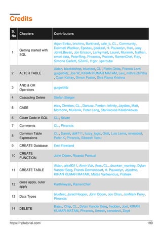 Credits
S.
No
Chapters Contributors
1
Getting started with
SQL
Arjan Einbu, brichins, Burkhard, cale_b, CL., Community,
Devmati Wadikar, Epodax, geeksal, H. Pauwelyn, Hari, Joey,
JohnLBevan, Jon Ericson, Lankymart, Laurel, Mureinik, Nathan,
omini data, PeterRing, Phrancis, Prateek, RamenChef, Ray,
Simone Carletti, SZenC, t1gor, ypercube
2 ALTER TABLE
Aidan, blackbishop, bluefeet, CL., Florin Ghita, Francis Lord,
guiguiblitz, Joe W, KIRAN KUMAR MATAM, Lexi, mithra chintha
, Ozair Kafray, Simon Foster, Siva Rama Krishna
3
AND & OR
Operators
guiguiblitz
4 Cascading Delete Stefan Steiger
5 CASE
ɐlǝx, Christos, CL., Dariusz, Fenton, Infinity, Jaydles, Matt,
MotKohn, Mureinik, Peter Lang, Stanislovas Kalašnikovas
6 Clean Code in SQL CL., Stivan
7 Comments CL., Phrancis
8
Common Table
Expressions
CL., Daniel, dd4711, fuzzy_logic, Gidil, Luis Lema, ninesided,
Peter K, Phrancis, Sibeesh Venu
9 CREATE Database Emil Rowland
10
CREATE
FUNCTION
John Odom, Ricardo Pontual
11 CREATE TABLE
Aidan, alex9311, Almir Vuk, Ares, CL., drunken_monkey, Dylan
Vander Berg, Franck Dernoncourt, H. Pauwelyn, Jojodmo,
KIRAN KUMAR MATAM, Matas Vaitkevicius, Prateek
12
cross apply, outer
apply
Karthikeyan, RamenChef
13 Data Types
bluefeet, Jared Hooper, John Odom, Jon Chan, JonMark Perry,
Phrancis
14 DELETE
Batsu, Chip, CL., Dylan Vander Berg, fredden, Joel, KIRAN
KUMAR MATAM, Phrancis, Umesh, xenodevil, Zoyd
https://riptutorial.com/ 199
 