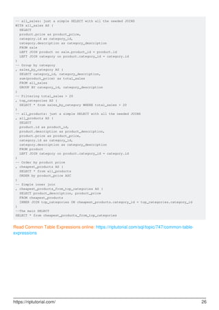 -- all_sales: just a simple SELECT with all the needed JOINS
WITH all_sales AS (
SELECT
product.price as product_price,
category.id as category_id,
category.description as category_description
FROM sale
LEFT JOIN product on sale.product_id = product.id
LEFT JOIN category on product.category_id = category.id
)
-- Group by category
, sales_by_category AS (
SELECT category_id, category_description,
sum(product_price) as total_sales
FROM all_sales
GROUP BY category_id, category_description
)
-- Filtering total_sales > 20
, top_categories AS (
SELECT * from sales_by_category WHERE total_sales > 20
)
-- all_products: just a simple SELECT with all the needed JOINS
, all_products AS (
SELECT
product.id as product_id,
product.description as product_description,
product.price as product_price,
category.id as category_id,
category.description as category_description
FROM product
LEFT JOIN category on product.category_id = category.id
)
-- Order by product price
, cheapest_products AS (
SELECT * from all_products
ORDER by product_price ASC
)
-- Simple inner join
, cheapest_products_from_top_categories AS (
SELECT product_description, product_price
FROM cheapest_products
INNER JOIN top_categories ON cheapest_products.category_id = top_categories.category_id
)
--The main SELECT
SELECT * from cheapest_products_from_top_categories
Read Common Table Expressions online: https://riptutorial.com/sql/topic/747/common-table-
expressions
https://riptutorial.com/ 26
 
