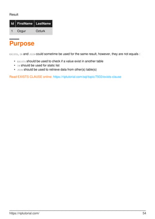 Result
Id FirstName LastName
1 Ozgur Ozturk
Purpose
EXISTS, IN and JOIN could sometime be used for the same result, however, they are not equals :
EXISTS should be used to check if a value exist in another table•
IN should be used for static list•
JOIN should be used to retrieve data from other(s) table(s)•
Read EXISTS CLAUSE online: https://riptutorial.com/sql/topic/7933/exists-clause
https://riptutorial.com/ 54
 