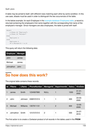 Self Join
A table may be joined to itself, with different rows matching each other by some condition. In this
use case, aliases must be used in order to distinguish the two occurrences of the table.
In the below example, for each Employee in the example database Employees table, a record is
returned containing the employee's first name together with the corresponding first name of the
employee's manager. Since managers are also employees, the table is joined with itself:
SELECT
e.FName AS "Employee",
m.FName AS "Manager"
FROM
Employees e
JOIN
Employees m
ON e.ManagerId = m.Id
This query will return the following data:
Employee Manager
John James
Michael James
Johnathon John
So how does this work?
The original table contains these records:
Id FName LName PhoneNumber ManagerId DepartmentId Salary HireDate
1 James Smith 1234567890 NULL 1 1000
01-01-
2002
2 John Johnson 2468101214 1 1 400
23-03-
2005
3 Michael Williams 1357911131 1 2 600
12-05-
2009
4 Johnathon Smith 1212121212 2 1 500
24-07-
2016
The first action is to create a Cartesian product of all records in the tables used in the FROM
https://riptutorial.com/ 106
 