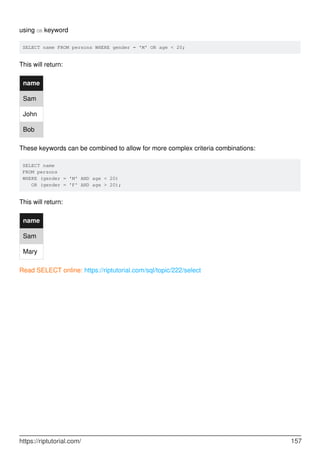using OR keyword
SELECT name FROM persons WHERE gender = 'M' OR age < 20;
This will return:
name
Sam
John
Bob
These keywords can be combined to allow for more complex criteria combinations:
SELECT name
FROM persons
WHERE (gender = 'M' AND age < 20)
OR (gender = 'F' AND age > 20);
This will return:
name
Sam
Mary
Read SELECT online: https://riptutorial.com/sql/topic/222/select
https://riptutorial.com/ 157
 