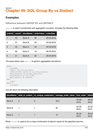 Chapter 49: SQL Group By vs Distinct
Examples
Difference between GROUP BY and DISTINCT
GROUP BY is used in combination with aggregation functions. Consider the following table:
orderId userId storeName orderValue orderDate
1 43 Store A 25 20-03-2016
2 57 Store B 50 22-03-2016
3 43 Store A 30 25-03-2016
4 82 Store C 10 26-03-2016
5 21 Store A 45 29-03-2016
The query below uses GROUP BY to perform aggregated calculations.
SELECT
storeName,
COUNT(*) AS total_nr_orders,
COUNT(DISTINCT userId) AS nr_unique_customers,
AVG(orderValue) AS average_order_value,
MIN(orderDate) AS first_order,
MAX(orderDate) AS lastOrder
FROM
orders
GROUP BY
storeName;
and will return the following information
storeName total_nr_orders nr_unique_customers average_order_value first_order lastOr
Store A 3 2 33.3
20-03-
2016
29-03-
2016
Store B 1 1 50
22-03-
2016
22-03-
2016
Store C 1 1 10
26-03-
2016
26-03-
2016
While DISTINCT is used to list a unique combination of distinct values for the specified columns.
https://riptutorial.com/ 163
 
