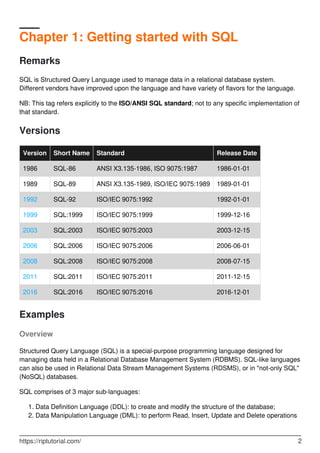 Chapter 1: Getting started with SQL
Remarks
SQL is Structured Query Language used to manage data in a relational database system.
Different vendors have improved upon the language and have variety of flavors for the language.
NB: This tag refers explicitly to the ISO/ANSI SQL standard; not to any specific implementation of
that standard.
Versions
Version Short Name Standard Release Date
1986 SQL-86 ANSI X3.135-1986, ISO 9075:1987 1986-01-01
1989 SQL-89 ANSI X3.135-1989, ISO/IEC 9075:1989 1989-01-01
1992 SQL-92 ISO/IEC 9075:1992 1992-01-01
1999 SQL:1999 ISO/IEC 9075:1999 1999-12-16
2003 SQL:2003 ISO/IEC 9075:2003 2003-12-15
2006 SQL:2006 ISO/IEC 9075:2006 2006-06-01
2008 SQL:2008 ISO/IEC 9075:2008 2008-07-15
2011 SQL:2011 ISO/IEC 9075:2011 2011-12-15
2016 SQL:2016 ISO/IEC 9075:2016 2016-12-01
Examples
Overview
Structured Query Language (SQL) is a special-purpose programming language designed for
managing data held in a Relational Database Management System (RDBMS). SQL-like languages
can also be used in Relational Data Stream Management Systems (RDSMS), or in "not-only SQL"
(NoSQL) databases.
SQL comprises of 3 major sub-languages:
Data Definition Language (DDL): to create and modify the structure of the database;1.
Data Manipulation Language (DML): to perform Read, Insert, Update and Delete operations2.
https://riptutorial.com/ 2
 