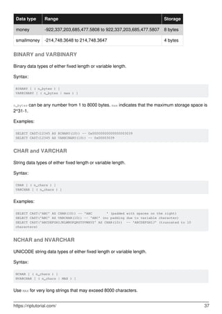 Data type Range Storage
money -922,337,203,685,477.5808 to 922,337,203,685,477.5807 8 bytes
smallmoney -214,748.3648 to 214,748.3647 4 bytes
BINARY and VARBINARY
Binary data types of either fixed length or variable length.
Syntax:
BINARY [ ( n_bytes ) ]
VARBINARY [ ( n_bytes | max ) ]
n_bytes can be any number from 1 to 8000 bytes. max indicates that the maximum storage space is
2^31-1.
Examples:
SELECT CAST(12345 AS BINARY(10)) -- 0x00000000000000003039
SELECT CAST(12345 AS VARBINARY(10)) -- 0x00003039
CHAR and VARCHAR
String data types of either fixed length or variable length.
Syntax:
CHAR [ ( n_chars ) ]
VARCHAR [ ( n_chars ) ]
Examples:
SELECT CAST('ABC' AS CHAR(10)) -- 'ABC ' (padded with spaces on the right)
SELECT CAST('ABC' AS VARCHAR(10)) -- 'ABC' (no padding due to variable character)
SELECT CAST('ABCDEFGHIJKLMNOPQRSTUVWXYZ' AS CHAR(10)) -- 'ABCDEFGHIJ' (truncated to 10
characters)
NCHAR and NVARCHAR
UNICODE string data types of either fixed length or variable length.
Syntax:
NCHAR [ ( n_chars ) ]
NVARCHAR [ ( n_chars | MAX ) ]
Use MAX for very long strings that may exceed 8000 characters.
https://riptutorial.com/ 37
 