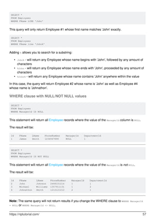 SELECT *
FROM Employees
WHERE FName LIKE 'John'
This query will only return Employee #1 whose first name matches 'John' exactly.
SELECT *
FROM Employees
WHERE FName like 'John%'
Adding % allows you to search for a substring:
John% - will return any Employee whose name begins with 'John', followed by any amount of
characters
•
%John - will return any Employee whose name ends with 'John', proceeded by any amount of
characters
•
%John% - will return any Employee whose name contains 'John' anywhere within the value•
In this case, the query will return Employee #2 whose name is 'John' as well as Employee #4
whose name is 'Johnathon'.
WHERE clause with NULL/NOT NULL values
SELECT *
FROM Employees
WHERE ManagerId IS NULL
This statement will return all Employee records where the value of the ManagerId column is NULL.
The result will be:
Id FName LName PhoneNumber ManagerId DepartmentId
1 James Smith 1234567890 NULL 1
SELECT *
FROM Employees
WHERE ManagerId IS NOT NULL
This statement will return all Employee records where the value of the ManagerId is not NULL.
The result will be:
Id FName LName PhoneNumber ManagerId DepartmentId
2 John Johnson 2468101214 1 1
3 Michael Williams 1357911131 1 2
4 Johnathon Smith 1212121212 2 1
Note: The same query will not return results if you change the WHERE clause to WHERE ManagerId
= NULL or WHERE ManagerId <> NULL.
https://riptutorial.com/ 57
 