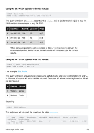 Using the BETWEEN operator with Date Values:
SELECT * From ItemSales
WHERE SaleDate BETWEEN '2013-07-11' AND '2013-05-24'
This query will return all ItemSales records with a SaleDate that is greater than or equal to July 11,
2013 and less than or equal to May 24, 2013.
Id SaleDate ItemId Quantity Price
3 2013-07-11 100 20 34.5
4 2013-07-23 100 15 34.5
5 2013-07-24 145 10 34.5
When comparing datetime values instead of dates, you may need to convert the
datetime values into a date values, or add or subtract 24 hours to get the correct
results.
Using the BETWEEN operator with Text Values:
SELECT Id, FName, LName FROM Customers
WHERE LName BETWEEN 'D' AND 'L';
Live example: SQL fiddle
This query will return all customers whose name alphabetically falls between the letters 'D' and 'L'.
In this case, Customer #1 and #3 will be returned. Customer #2, whose name begins with a 'M' will
not be included.
Id FName LName
1 William Jones
3 Richard Davis
Equality
SELECT * FROM Employees
This statement will return all the rows from the table Employees.
Id FName LName PhoneNumber ManagerId DepartmentId Salary Hire_date
CreatedDate ModifiedDate
1 James Smith 1234567890 NULL 1 1000 01-01-2002 01-01-
2002 01-01-2002
https://riptutorial.com/ 59
 