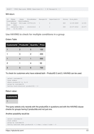 SELECT * FROM Employees WHERE DepartmentId = 2 OR ManagerId = 2
Will return:
Id FName LName PhoneNumber ManagerId DepartmentId Salary Hire_date
CreatedDate ModifiedDate
3 Michael Williams 1357911131 1 2 600 12-05-2009 12-05-
2009 NULL
4 Johnathon Smith 1212121212 2 1 500 24-07-2016 24-07-
2016 01-01-2002
Use HAVING to check for multiple conditions in a group
Orders Table
CustomerId ProductId Quantity Price
1 2 5 100
1 3 2 200
1 4 1 500
2 1 4 50
3 5 6 700
To check for customers who have ordered both - ProductID 2 and 3, HAVING can be used
select customerId
from orders
where productID in (2,3)
group by customerId
having count(distinct productID) = 2
Return value:
customerId
1
The query selects only records with the productIDs in questions and with the HAVING clause
checks for groups having 2 productIds and not just one.
Another possibility would be
select customerId
from orders
group by customerId
having sum(case when productID = 2 then 1 else 0 end) > 0
https://riptutorial.com/ 61
 