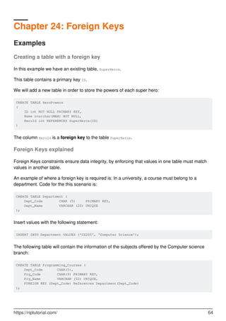 Chapter 24: Foreign Keys
Examples
Creating a table with a foreign key
In this example we have an existing table, SuperHeros.
This table contains a primary key ID.
We will add a new table in order to store the powers of each super hero:
CREATE TABLE HeroPowers
(
ID int NOT NULL PRIMARY KEY,
Name nvarchar(MAX) NOT NULL,
HeroId int REFERENCES SuperHeros(ID)
)
The column HeroId is a foreign key to the table SuperHeros.
Foreign Keys explained
Foreign Keys constraints ensure data integrity, by enforcing that values in one table must match
values in another table.
An example of where a foreign key is required is: In a university, a course must belong to a
department. Code for the this scenario is:
CREATE TABLE Department (
Dept_Code CHAR (5) PRIMARY KEY,
Dept_Name VARCHAR (20) UNIQUE
);
Insert values with the following statement:
INSERT INTO Department VALUES ('CS205', 'Computer Science');
The following table will contain the information of the subjects offered by the Computer science
branch:
CREATE TABLE Programming_Courses (
Dept_Code CHAR(5),
Prg_Code CHAR(9) PRIMARY KEY,
Prg_Name VARCHAR (50) UNIQUE,
FOREIGN KEY (Dept_Code) References Department(Dept_Code)
);
https://riptutorial.com/ 64
 