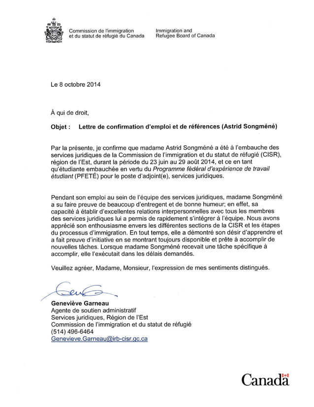 Lettre de confirmation d'emploi et de rÃ©fÃ©rences (Astrid SongmÃ©nÃ