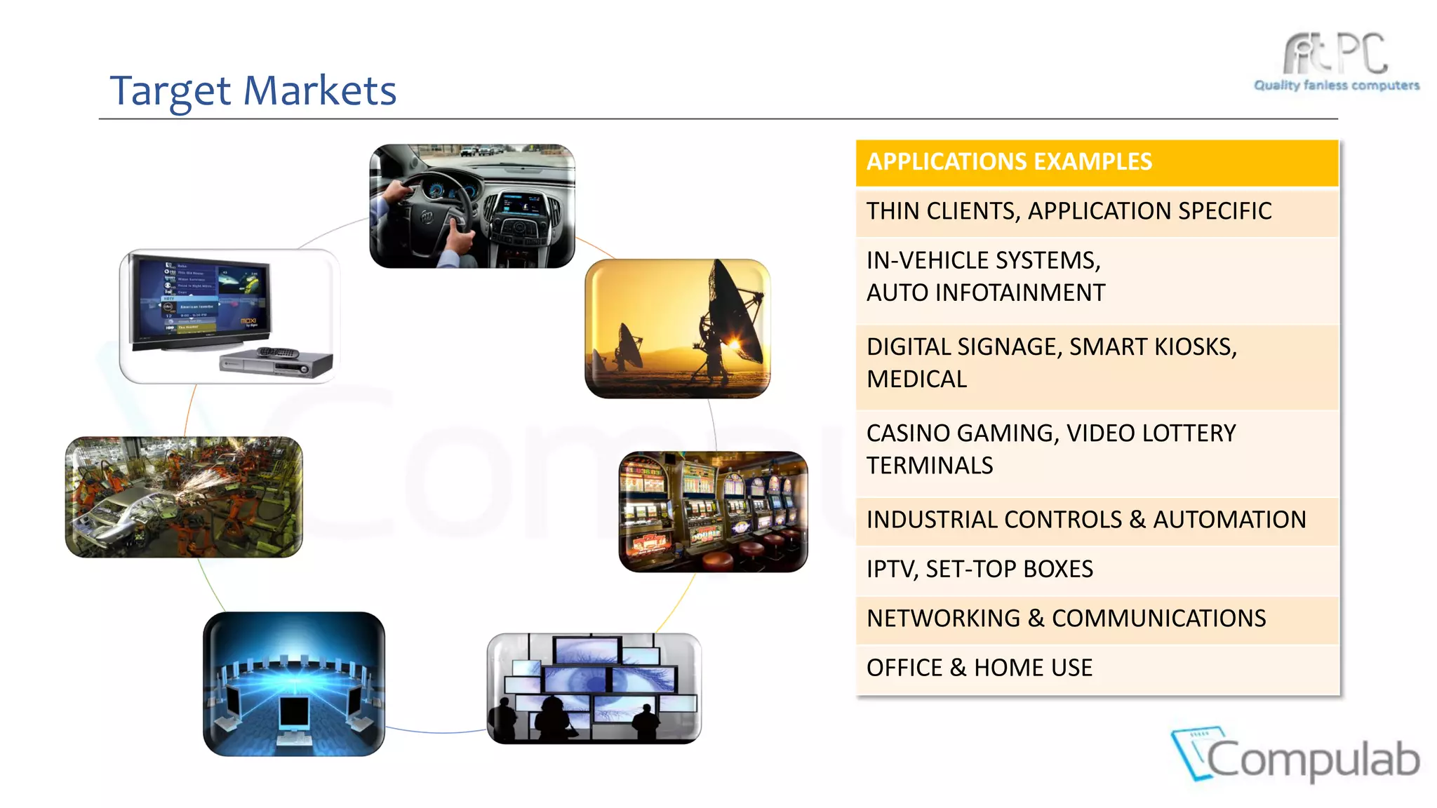 Target Markets
APPLICATIONS EXAMPLES
THIN CLIENTS, APPLICATION SPECIFIC
IN-VEHICLE SYSTEMS,
AUTO INFOTAINMENT
DIGITAL SIGNAGE, SMART KIOSKS,
MEDICAL
CASINO GAMING, VIDEO LOTTERY
TERMINALS
INDUSTRIAL CONTROLS & AUTOMATION
IPTV, SET-TOP BOXES
NETWORKING & COMMUNICATIONS
OFFICE & HOME USE
 