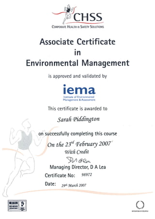 IEMA Associate Certificate with credit Sarah Piddington 2007.02