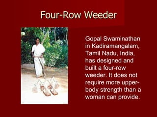 Four-Row Weeder Gopal Swaminathan in Kadiramangalam, Tamil Nadu, India, has designed and built a four-row weeder. It does not require more upper-body strength than a woman can provide. 