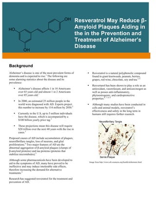 A Promising New
Background
Alzheimer’s disease is one of the most prevalent forms of
dementia and is expected to rise.1
The following are
some alarming statistics about the disease and its
prevalence:
• Alzheimer’s disease affects 1 in 10 Americans
over 65 years old and almost 1 in 2 Americans
over 85 years old.1
• In 2000, an estimated 25 million people in the
world were diagnosed with AD. Experts project
this number to increase by 114 million by 2050.2
• Currently in the U.S, up to 5 million individuals
have the disease, which is accompanied by a
$100 billion yearly price tag.3
• These projections mean this disease will require
$20 trillion over the next 40 years with the rise in
cases.3
Proposed causes of AD include accumulation of plaques,
neurofibrillary tangles, loss of neurons, and glial
proliferations.4
Two major features of AD are the
abnormal aggregation of β-amyloid plaques (clumps of
β-amyloid proteins) and tau proteins (proteins that
stabilize microtubules).5
Although some pharmaceuticals have been developed to
aid in the symptoms of AD, many have proved to be
ineffective and may induce intolerable side effects,
therefore increasing the demand for alternative
treatments.4
Research has suggested resveratrol for the treatment and
prevention of AD.
• Resveratrol is a natural polyphenolic compound
found in giant knotweeds, peanuts, berries,
grapes, red wine, chocolate, soy and tea.2, 6
• Resvertarol has been shown to play a role as an
antioxidant, vasorelaxant, and anticarcinogen as
well as posses anti-inflammatory,
phytoestrogenic, and cardioprotective
properties.6, 7, 8, 9
• Although many studies have been conducted in
cells and animal models, resveratrol’s
effectiveness and safety in the long term in
humans still requires further research.
Resveratrol May Reduce β-
Amyloid Plaques Aiding in
the in the Prevention and
Treatment of Alzheimer’s
Disease
Image from http://www.all-creatures.org/health/alzheimers.html
 