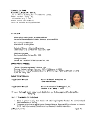 CV.Mojal.MLeonides Page 1 of 7
CURRICULUM VITAE
MARIA LEONIDES C. MOJAL
Unit 318 Amber Building, Rosewood Pointe Condo.
Acacia Estates, Taguig City
Date of Birth: May 6, 1966
Mobile Phone: 0927-8743185
Email: MLeonides.Mojal@gmail.com
EDUCATION:
Applied Project Management, Advanced Modules
Ateneo De Manila Graduate School of Business, November 2009
Basic Management Program
Asian Institute of Management
Bachelor of Science in Chemical Engineering
MINDANAO STATE UNIVERSITY, Marawi City, 1987
Secondary Education
San Nicolas College, Surigao City, 1982
Primary Education
Sun Yat Sen Elementary School, Surigao City, 1978
EXAMINATIONS PASSED:
Certified Purchasing Manager (CPM) Nov. 2006
Chemical Engineering Board Exam Nov. 1987 – PRC License 0017086
Source Emission Testing Accreditation Exam for QA/QC Manager, AQMS/EMB/DENR, Jan 2012
NCEE, 99+ rating, 1982
EMPLOYMENT RECORD:
Supply Chain Manager Takeda Healthcare Philippines, Inc.
April 2015 - Present
Supply Chain Manager Takeda Pharmaceuticals Philippines, Inc.
October 2014 – March 31, 2015
Oversees the Supply chain, procurement, distribution and fleet management functions of the
Company.
SUPPLY CHAIN AND DISTRIBUTION:
 Serve as primary supply chain liaison with other regional/global functions for commercialized
products and product security.
 Processes all documents needed for the Bureau of Internal Revenue (BIR) and Bureau of Customs
(BOC) Import clearance certificate to ensure undisrupted importation operations.
 