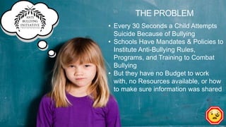 THE ANTI-BULLYING INITIATIVE
www.antibullyinginitiative.com
THE PROBLEM
• Every 30 Seconds a Child Attempts
Suicide Because of Bullying
• Schools Have Mandates & Policies to
Institute Anti-Bullying Rules,
Programs, and Training to Combat
Bullying
• But they have no Budget to work
with, no Resources available, or how
to make sure information was shared
 