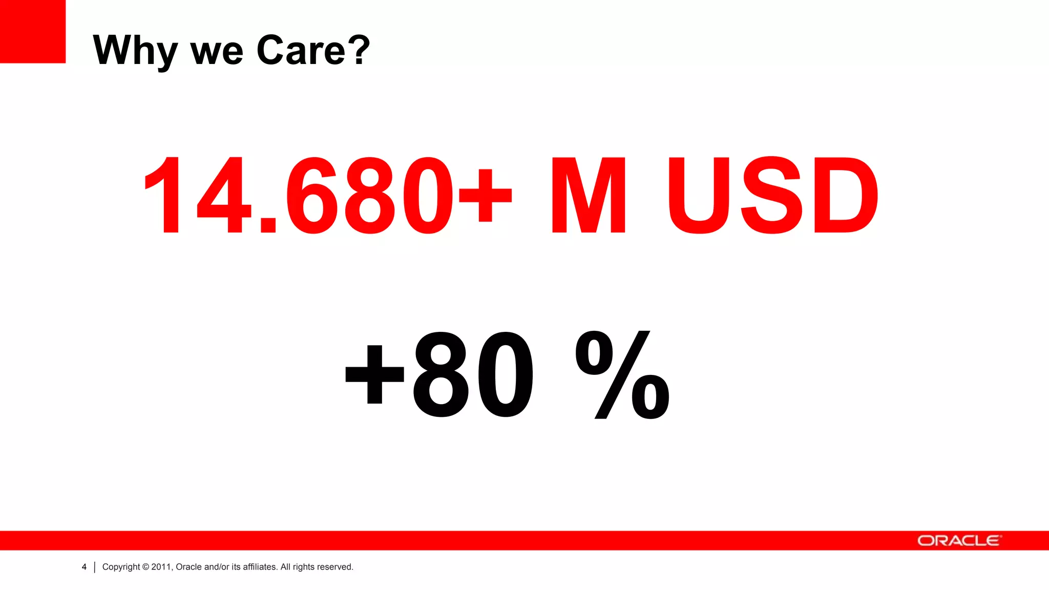 Why we Care?



             14.680+ M USD
                                                                    +80 %
4   Copyright © 2011, Oracle and/or its affiliates. All rights reserved.
 