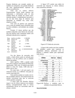 8-34
Peqenas distâncias, por exemplo, podem ser
medidas em centímetros, mas grandes distâncias
são mais significativamente expressas em
metros ou quilômetros.
Visto que os valores elétricos
frequentemente variam desde números que
representam a milionésima parte de uma
unidade básica de medida até valores extre-
mamente grande, é completamente necessário o
uso de uma faixa larga de números para
representar as unidades tais, como volts,
ampères ou ohms.
Uma série de prefixos que aparecem
com o nome da unidade foram concebidos para
os vários múltiplos e sub-múltiplos das unidade
básicas.
Existem 12 desses prefixos que são
também conhecidos como fatores de conversão.
Seis dos prefixos mais comunente usados com
definição reduzida são os seguintes:
Mega significa um milhão (1.000.000)
Quilo significa mil (1.000)
Centi significa um
centésimo
(1/100)
Mili significa um
milésimo
(1/1000)
Micr
o
significa um
milionésimo
(1/1.000.000)
Micr
o
micro
significa um
milionésimo de
milionésimo
(1/1.000.000.000.000)
Um dos fatores de conversão mais
usados, o Quilo (Kilo), pode ser utilizado para
explanar o uso dos prefixos com as unidades
básicas de medida.
Quilo significa 1.000 e, quando usado
com volts é expresso como Quilovolt (Kilovolt),
significando 1.000 volts. O símbolo para Quilo
(Kilo) é a letra "K". Então, 1.000 volts são 1
Quilo volt ou 1 KV.
Por outro lado, 1 volt seria igual a um
miléssimo de KV, ou 1/1000 KV. Isto pode ser
escrito como 0,001 KV.
Estes prefixos podem ser usados com to-
das as unidades elétricas. Eles proporcionam um
método conveniente para que se escrevam
valores grandes e pequenos.
A maior parte das fórmulas elétricas
requer o uso de valores expressos nas unidades
básicas; conseqüentemente todos os valores
normalmente devem ser convertidos antes de
efetuar o cálculo.
A figura 8-79 contém uma tabela de
conversão que relaciona os valores elétricos
mais comumente utilizados.
Figura 8-79 Tabela de conversão.
A figura 8-80 contém uma lista completa
dos múltiplos usados para expressar as
quantidades elétricas, juntamente com os
prefixos e símbolos usados para representar
cada número.
Figura 8-80 Prefixos e símbolos para os
múltiplos de quantidade básicas.
MAGNETISMO
 