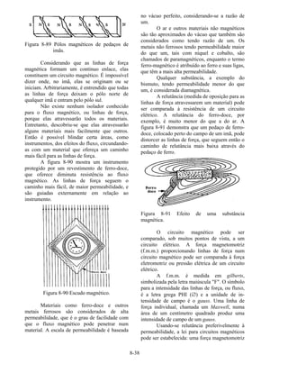 8-38
Figura 8-89 Pólos magnéticos de pedaços de
imãs.
Considerando que as linhas de força
magnética formam um contínuo enlace, elas
constituem um circuito magnético. É impossível
dizer onde, no imã, elas se originam ou se
iniciam. Arbitrariamente, é entrendido que todas
as linhas de força deixam o pólo norte de
qualquer imã e entram pelo pólo sul.
Não existe nenhum isolador conhecido
para o fluxo magnético, ou linhas de força,
porque elas atravessarão todos os materiais.
Entretanto, descobriu-se que elas atravessarão
alguns materiais mais facilmente que outros.
Então é possível blindar certa áreas, como
instrumentos, dos efeitos do fluxo, circundando-
as com um material que ofereça um caminho
mais fácil para as linhas de força.
A figura 8-90 mostra um instrumento
protegido por um revestimento de ferro-doce,
que oferece diminuta resistência ao fluxo
magnético. As linhas de força seguem o
caminho mais fácil, de maior permeabilidade, e
são guiadas externamente em relação ao
instrumento.
Figura 8-90 Escudo magnético.
Materiais como ferro-doce e outros
metais ferrosos são considerados de alta
permeabilidade, que é o grau de facilidade com
que o fluxo magnético pode penetrar num
material. A escala de permeabilidade é baseada
no vácuo perfeito, considerando-se a razão de
um.
O ar e outros materiais não magnéticos
são tão aproximados do vácuo que também são
considerados como tendo razão de um. Os
metais não ferrosos tendo permeabilidade maior
do que um, tais com níquel e cobalto, são
chamados de paramagnéticos, enquanto o termo
ferro-magnético é atribuído ao ferro e suas ligas,
que têm a mais alta permeabilidade.
Qualquer substância, a exemplo do
bismuto, tendo permeabilidade menor do que
um, é considerada diamagnética.
A relutância (medida de oposição para as
linhas de força atravessarem um material) pode
ser comparada à resistência de um circuito
elétrico. A relutância do ferro-doce, por
exemplo, é muito menor do que a do ar. A
figura 8-91 demonstra que um pedaço de ferro-
doce, colocado perto do campo de um imã, pode
distorcer as linhas de força, que seguem então o
caminho de relutância mais baixa através do
pedaço de ferro.
Figura 8-91 Efeito de uma substância
magnética.
O circuito magnético pode ser
comparado, sob muitos pontos de vista, a um
circuito elétrico. A força magnetomotriz
(f.m.m.) proporcionando linhas de força num
circuito magnético pode ser comparada à força
eletromotriz ou pressão elétrica de um circuito
elétrico.
A f.m.m. é medida em gilberts,
simbolizada pela letra maiúscula "F". O símbolo
para a intensidade das linhas de força, ou fluxo,
é a letra grega PHI (∅) e a unidade de in-
tensidade de campo é o gauss. Uma linha de
força individual, chamada um Maxwell, numa
área de um centímetro quadrado produz uma
intensidade de campo de um gauss.
Usando-se relutância preferivelmente à
permeabilidade, a lei para circuitos magnéticos
pode ser estabelecida: uma força magnetomotriz
 