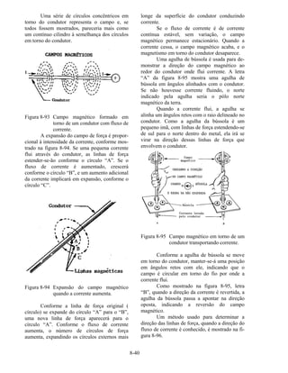 8-40
Uma série de círculos concêntricos em
torno do condutor representa o campo e, se
todos fossem mostrados, pareceria mais como
um contínuo cilindro à semelhança dos círculos
em torno do condutor.
Figura 8-93 Campo magnético formado em
torno de um condutor com fluxo de
corrente.
A expansão do campo de força é propor-
cional à intensidade da corrente, conforme mos-
trado na figura 8-94. Se uma pequena corrente
flui através do condutor, as linhas de força
estender-se-ão conforme o círculo “A”. Se o
fluxo de corrente é aumentado, crescerá
conforme o círculo “B”, e um aumento adicional
da corrente implicará em expansão, conforme o
círculo “C”.
Figura 8-94 Expansão do campo magnético
quando a corrente aumenta.
Conforme a linha de força original (
círculo) se expande do círculo “A” para o “B”,
uma nova linha de força aparecerá para o
círculo “A”. Conforme o fluxo de corrente
aumenta, o número de círculos de força
aumenta, expandindo os círculos externos mais
longe da superfície do condutor conduzindo
corrente.
Se o fluxo de corrente é de corrente
contínua estável, sem variação, o campo
magnético permanece estacionário. Quando a
corrente cessa, o campo magnético acaba, e o
magnetismo em torno do condutor desaparece.
Uma agulha de bússola é usada para de-
monstrar a direção do campo magnético ao
redor do condutor onde flui corrente. A letra
“A” da figura 8-95 mostra uma agulha de
bússola em ângulos alinhados com o condutor.
Se não houvesse corrente fluindo, o norte
indicado pela agulha seria o pólo norte
magnético da terra.
Quando a corrente flui, a agulha se
alinha um ângulos retos com o raio delineado no
condutor. Como a agulha da bússola é um
pequeno imã, com linhas de força estendendo-se
de sul para o norte dentro do metal, ela irá se
virar na direção dessas linhas de força que
envolvem o condutor.
Figura 8-95 Campo magnético em torno de um
condutor transportando corrente.
Conforme a agulha de bússola se move
em torno do condutor, manter-se-á uma posição
em ângulos retos com ele, indicando que o
campo é circular em torno do fio por onde a
corrente flui.
Como mostrado na figura 8-95, letra
“B”, quando a direção da corrente é revertida, a
agulha da bússola passa a apontar na direção
oposta, indicando a reversão do campo
magnético.
Um método usado para determinar a
direção das linhas de força, quando a direção do
fluxo de corrente é conhecido, é mostrado na fi-
gura 8-96.
 