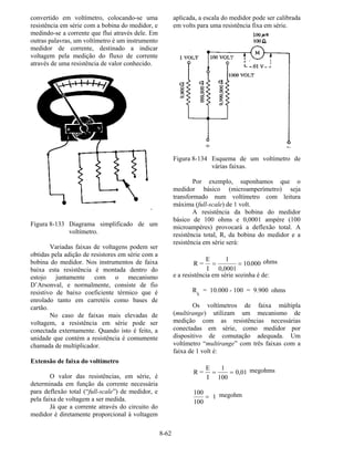 8-62
convertido em voltímetro, colocando-se uma
resistência em série com a bobina do medidor, e
medindo-se a corrente que flui através dele. Em
outras palavras, um voltímetro é um instrumento
medidor de corrente, destinado a indicar
voltagem pela medição do fluxo de corrente
através de uma resistência de valor conhecido.
Figura 8-133 Diagrama simplificado de um
voltímetro.
Variadas faixas de voltagens podem ser
obtidas pela adição de resistores em série com a
bobina do medidor. Nos instrumentos de faixa
baixa esta resistência é montada dentro do
estojo juntamente com o mecanismo
D’Arsonval, e normalmente, consiste de fio
resistivo de baixo coeficiente térmico que é
enrolado tanto em carretéis como bases de
cartão.
No caso de faixas mais elevadas de
voltagem, a resistência em série pode ser
conectada externamente. Quando isto é feito, a
unidade que contém a resistência é comumente
chamada de multiplicador.
Extensão de faixa do voltímetro
O valor das resistências, em série, é
determinada em função da corrente necessária
para deflexão total (“full-scale”) de medidor, e
pela faixa de voltagem a ser medida.
Já que a corrente através do circuito do
medidor é diretamente proporcional à voltagem
aplicada, a escala do medidor pode ser calibrada
em volts para uma resistência fixa em série.
Figura 8-134 Esquema de um voltímetro de
várias faixas.
Por exemplo, suponhamos que o
medidor básico (microamperímetro) seja
transformado num voltímetro com leitura
máxima (full-scale) de 1 volt.
A resistência da bobina do medidor
básico de 100 ohms e 0,0001 ampère (100
microampères) provocará a deflexão total. A
resistência total, R, da bobina do medidor e a
resistência em série será:
R =
E
I
= =
1
0 0001
10 000
,
. ohms
e a resistência em série sozinha é de:
R
S
= 10.000 - 100 = 9.900 ohms
Os voltímetros de faixa múltipla
(multirange) utilizam um mecanismo de
medição com as resistências necessárias
conectadas em série, como medidor por
dispositivo de comutação adequada. Um
voltímetro “multirange” com três faixas com a
faixa de 1 volt é:
R =
E
I
= =
1
100
0 01, megohms
100
100
= 1 megohm
 