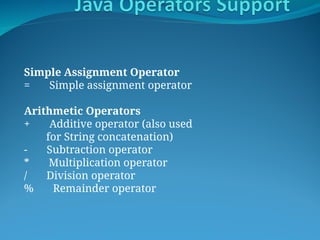 Simple Assignment Operator
= Simple assignment operator
Arithmetic Operators
+ Additive operator (also used
for String concatenation)
- Subtraction operator
* Multiplication operator
/ Division operator
% Remainder operator
 